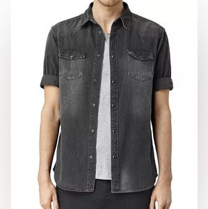 Allsaints Marilla Denim slim fit button-down distressed Black shirt (SM)
